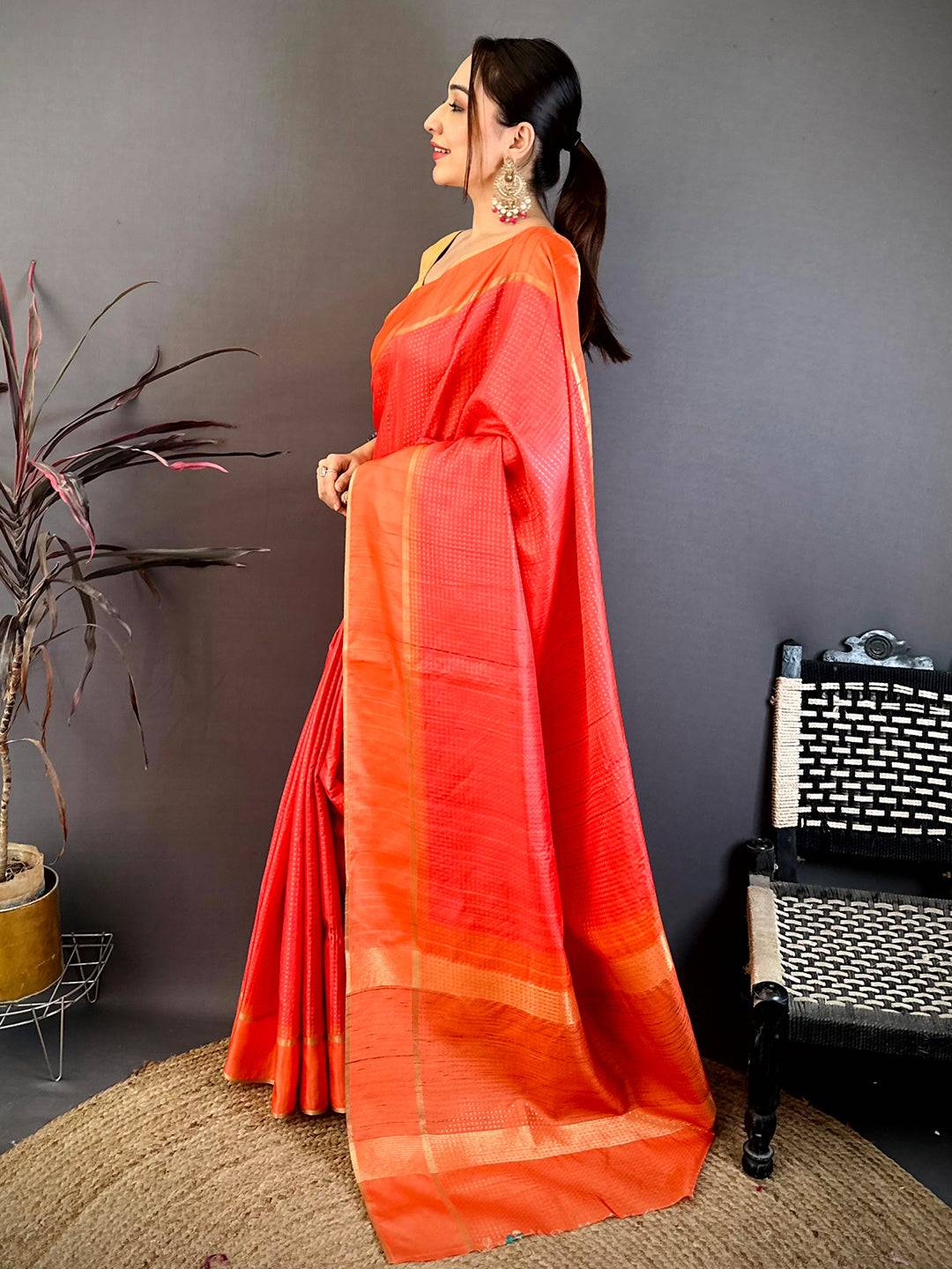 Deep Orange Tussar Gold Zari 1000 Butti Saree