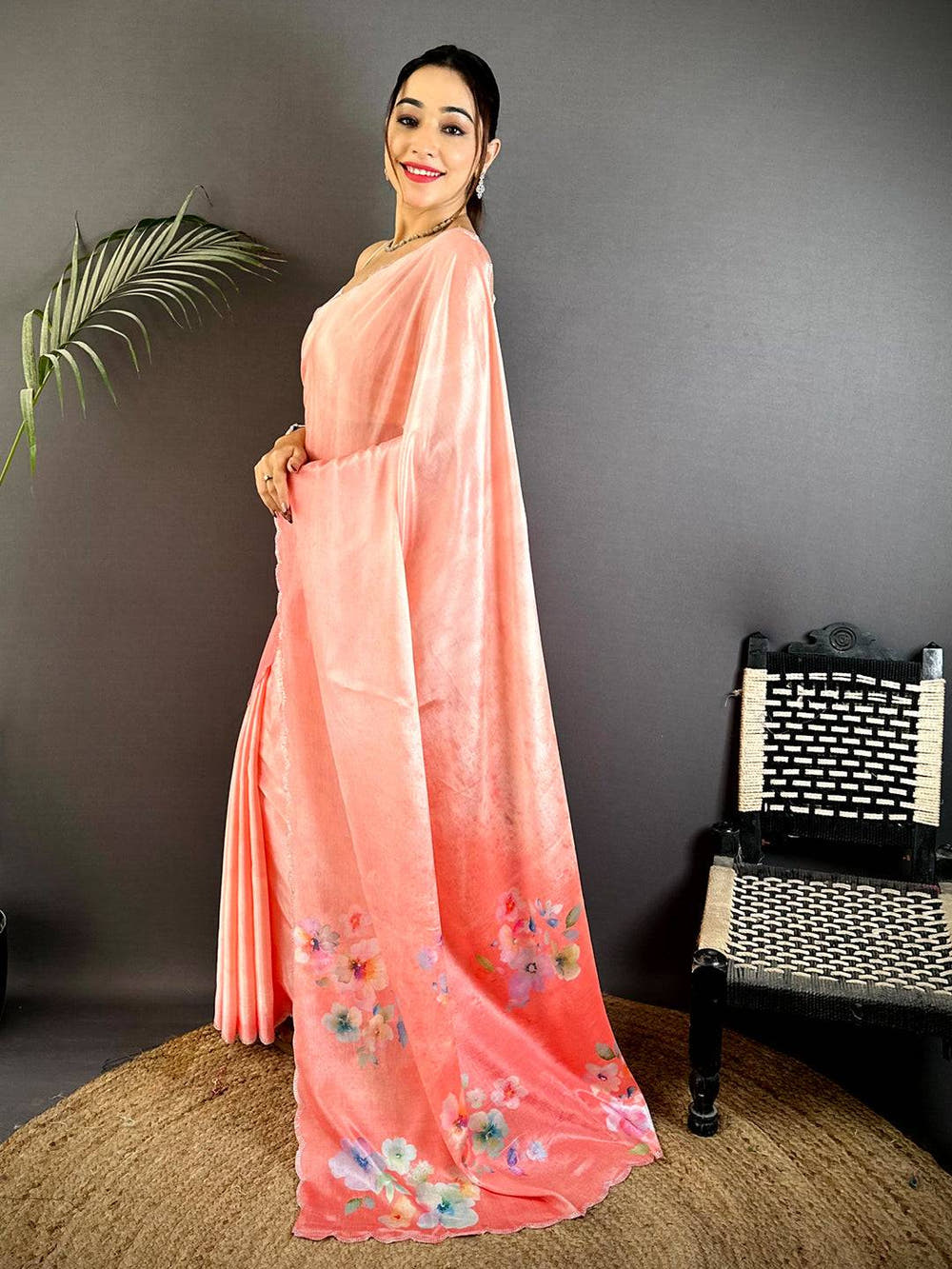 Coral Chinnon Stone Work Floral Saree