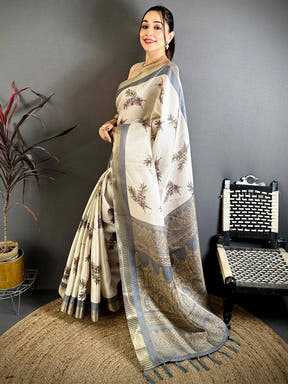 Grey Leaf Minakari Tussar Saree
