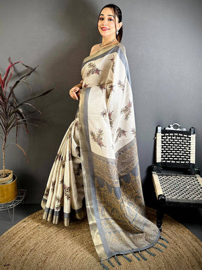 Grey Leaf Minakari Tussar Saree