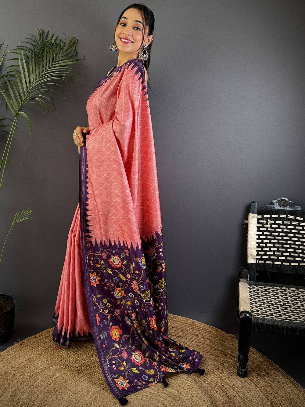 Gajari Tussar Silk Kalamkari Printed Saree
