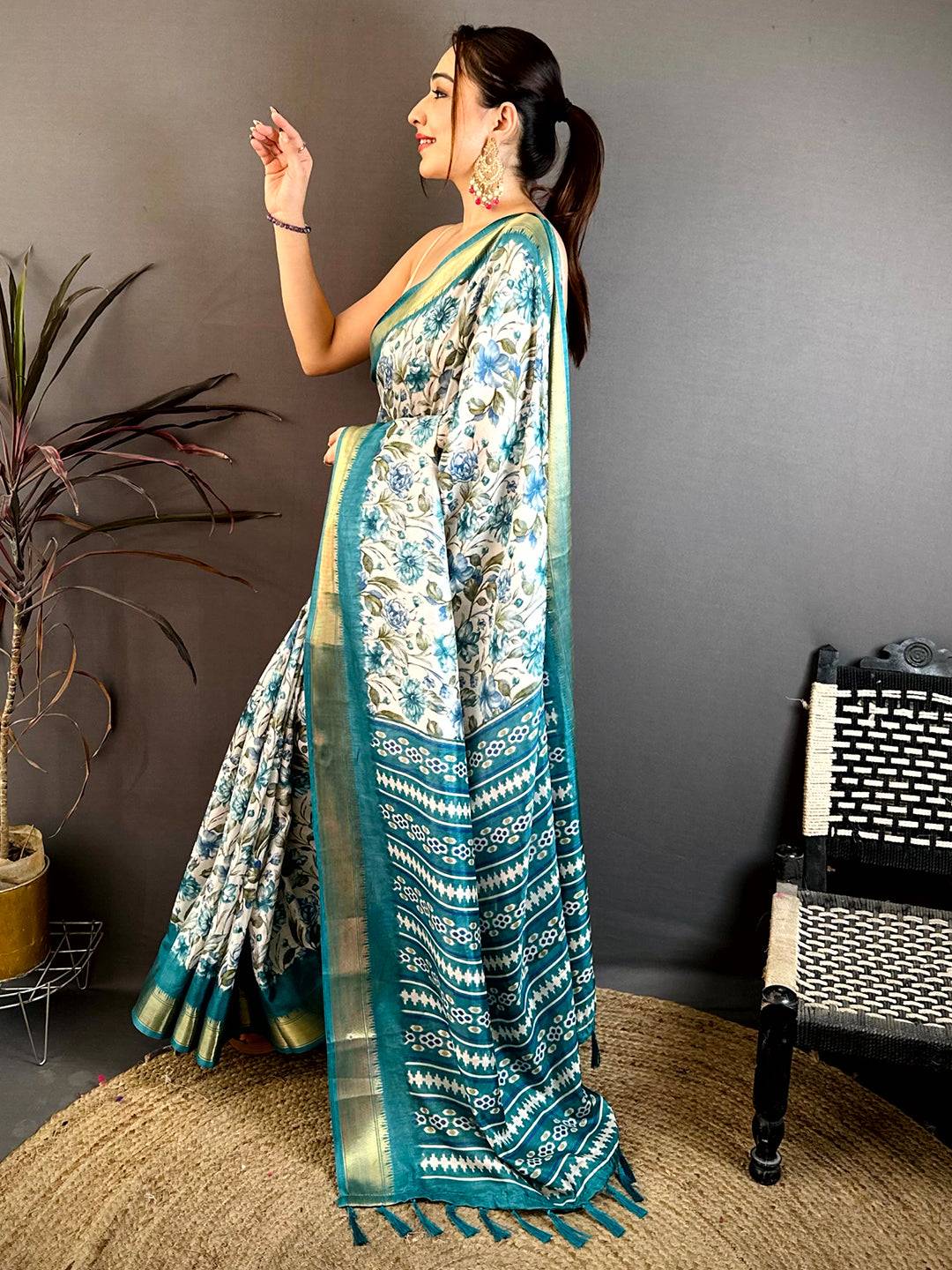 Teal Floral Beauty Designer Saree