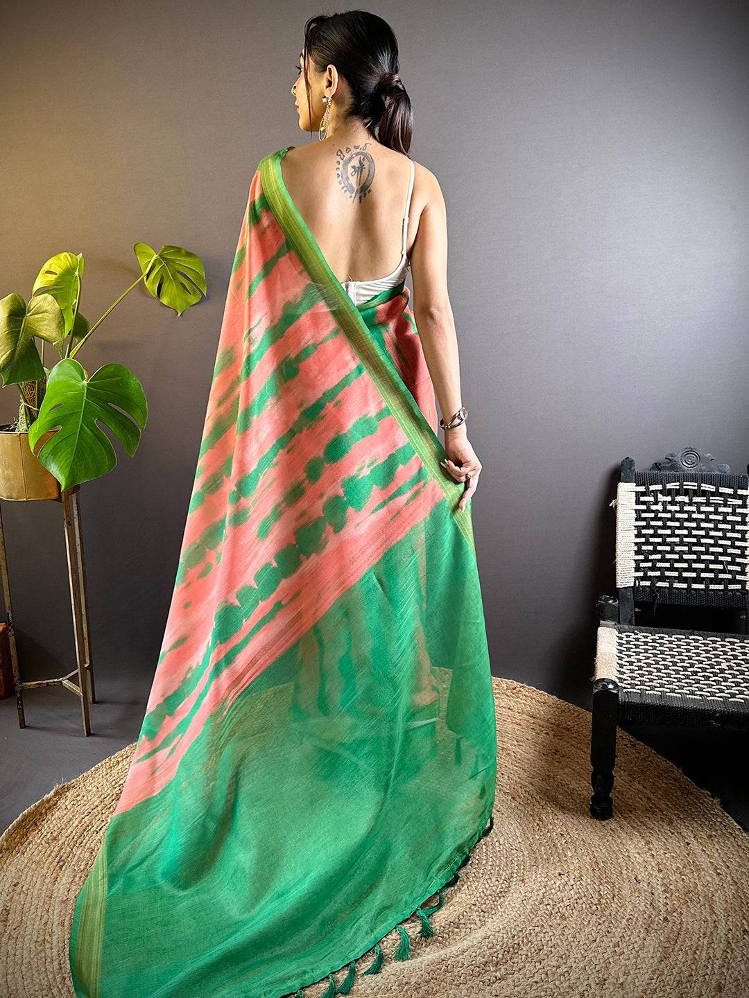 Coral Shibori Print Linen Saree