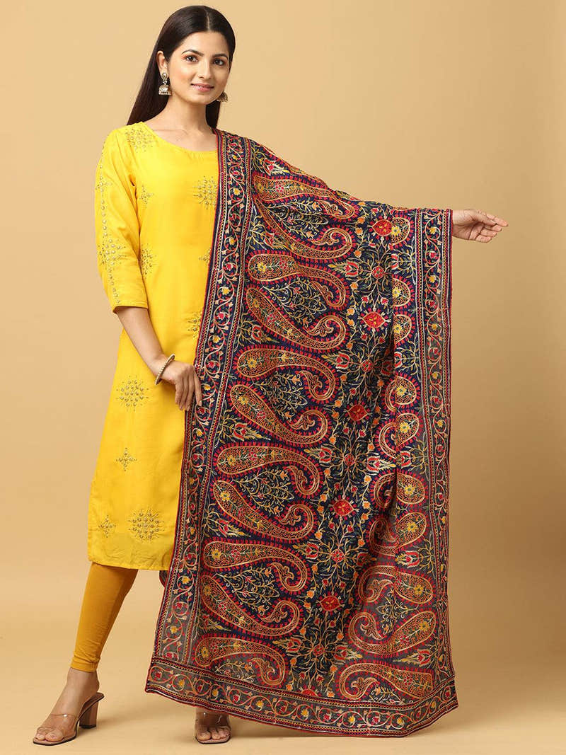 Navy Ornate Paisley Panel Pashmina Dupatta