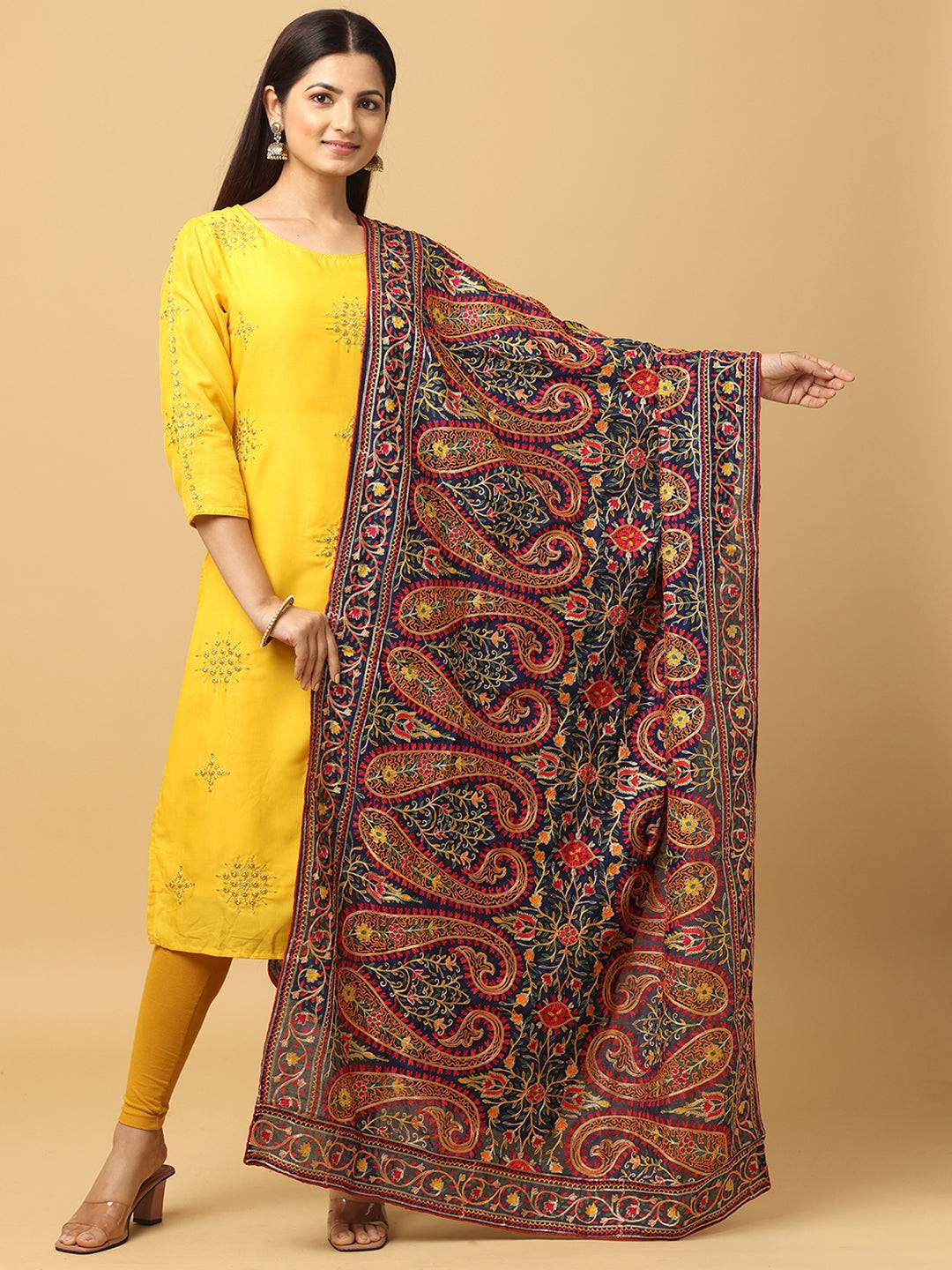 Latest Navy Poly Chiffon Pashmina Threadwork Dupatta