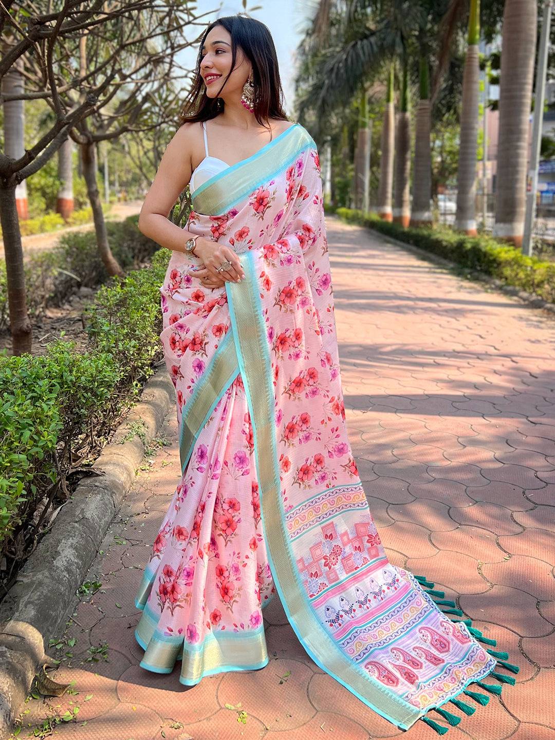 Model wearing Pink Kota Saree with digital floral print