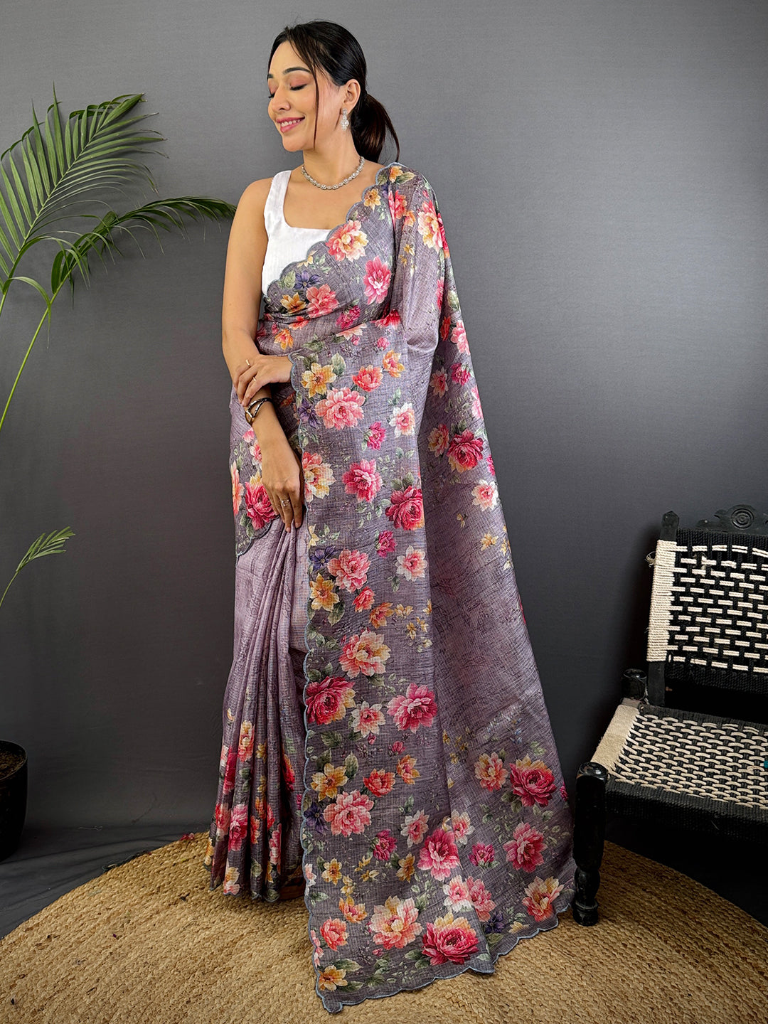 Dusty Lavender Floral Cut Work Kota Saree