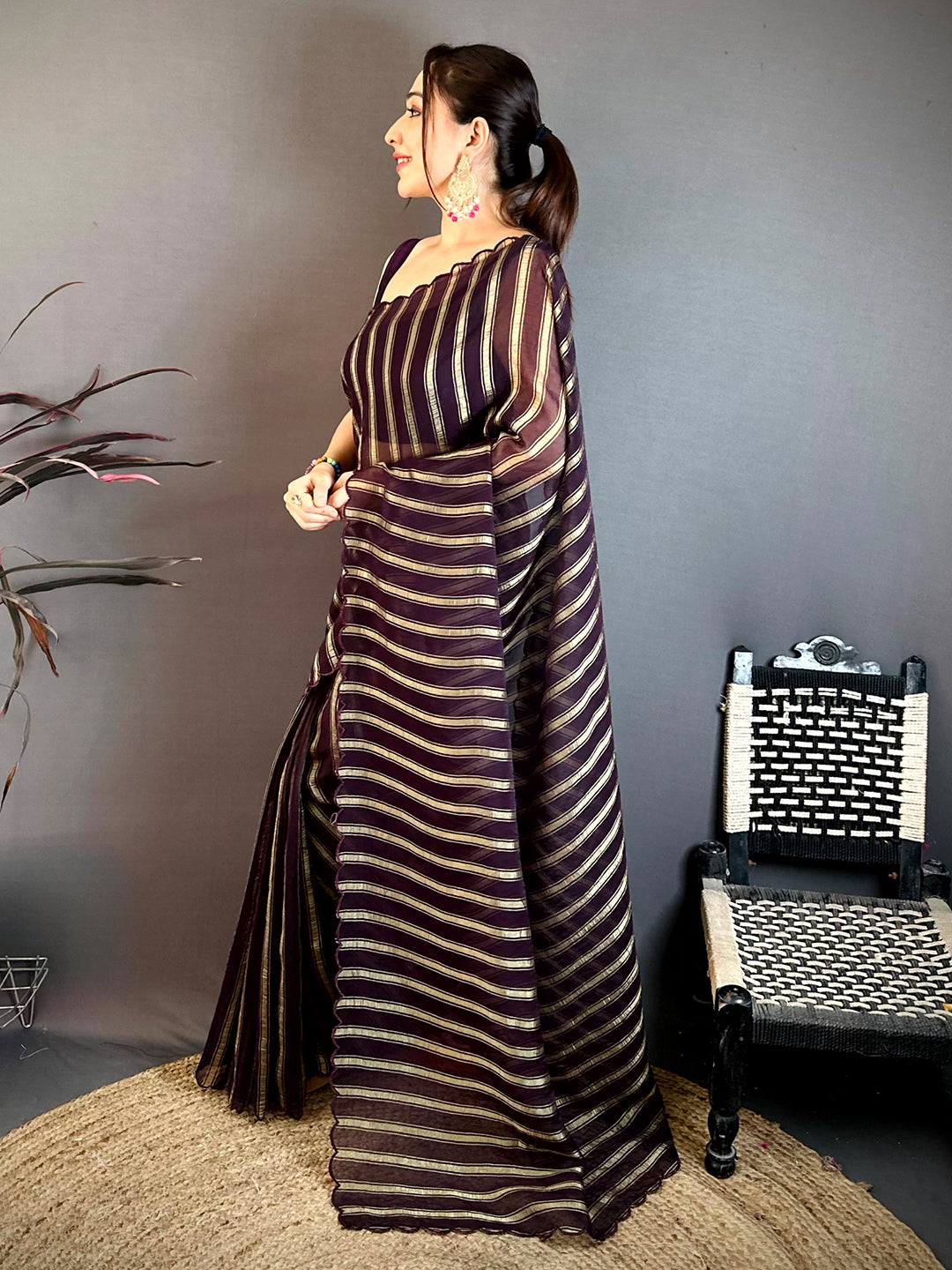 Coffee Brown Gold Zari Stripe Chiffon Saree