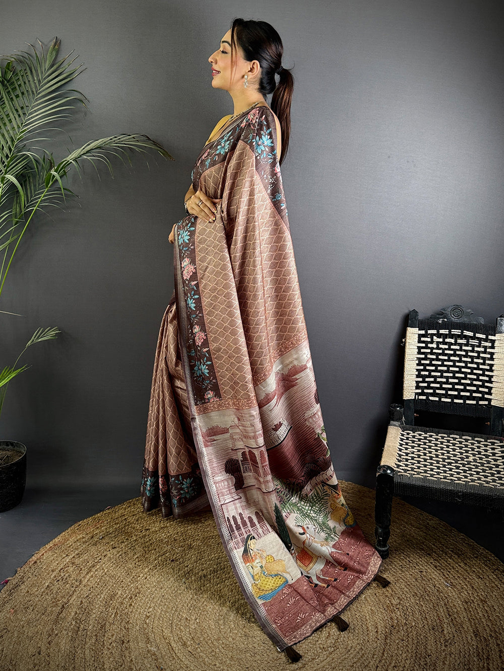 Coffee Brown Geometric Ghicha Silk Saree