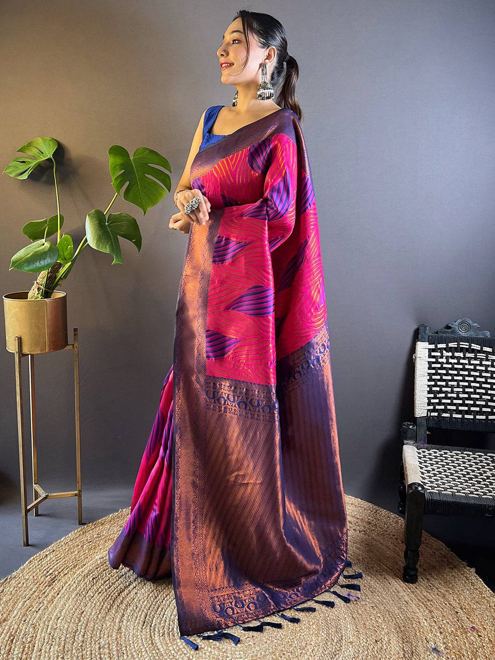 Model Wearing Rani Tussar Silk Ikkat Saree