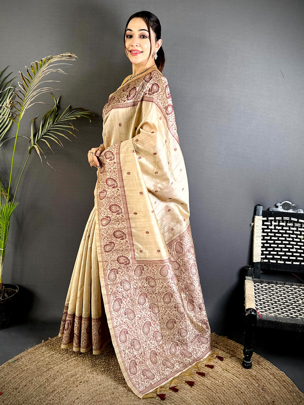 Maroon Floral Katha Ghicha Silk Saree