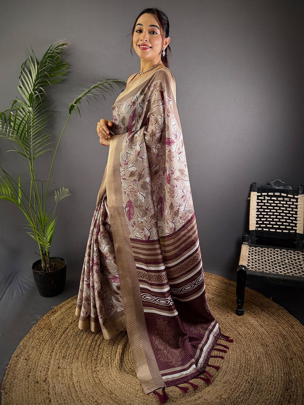 Taupe Tussar Chex Floral Print Saree