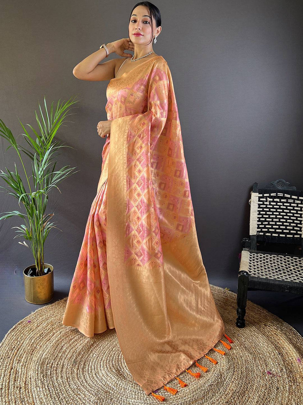 Elegant Carnation Pink Colour Block Print Banarasi Saree