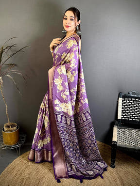 Lavender Dola Big Floral Zari Kanchi Saree