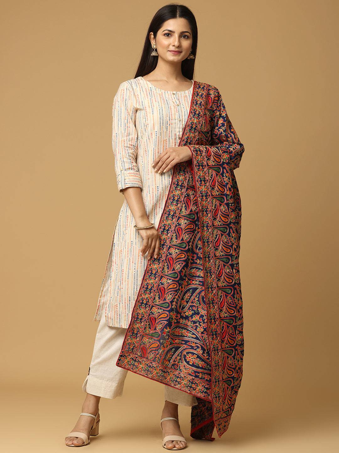 Front view of Navy Poly Chiffon Pashmina Dupatta
