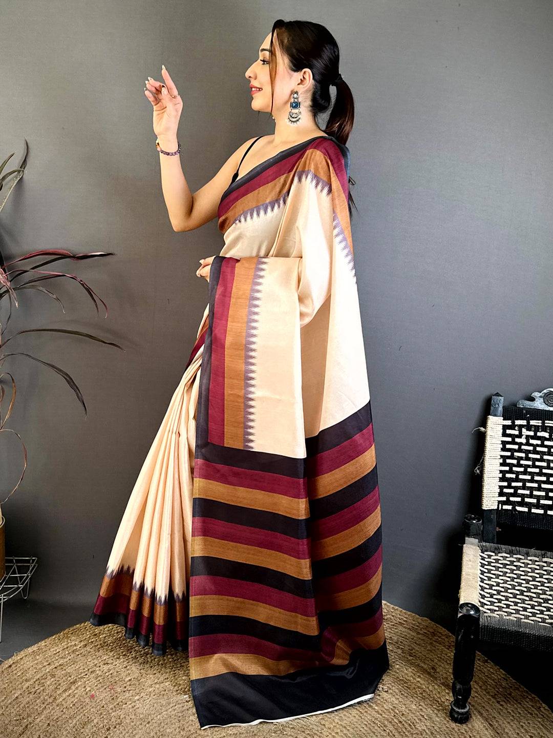 Elegant Tussar Ikat Temple Border Saree