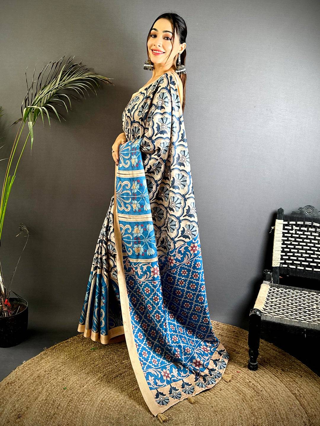 Royal Blue Soft Tussar Ghicha Saree