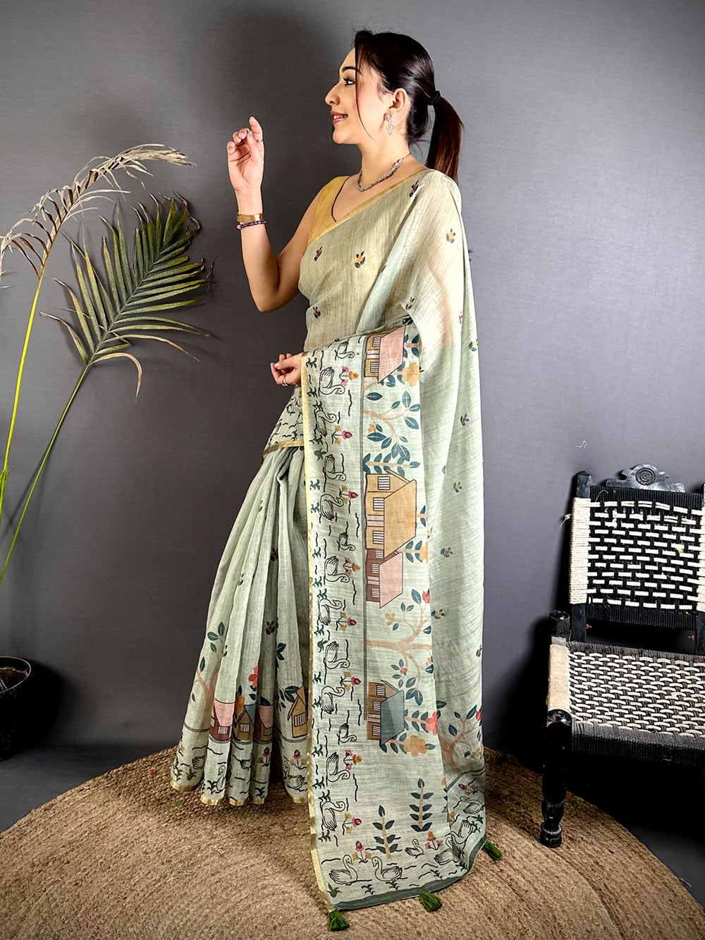 Pista Kalamkari Madhubani Print Saree