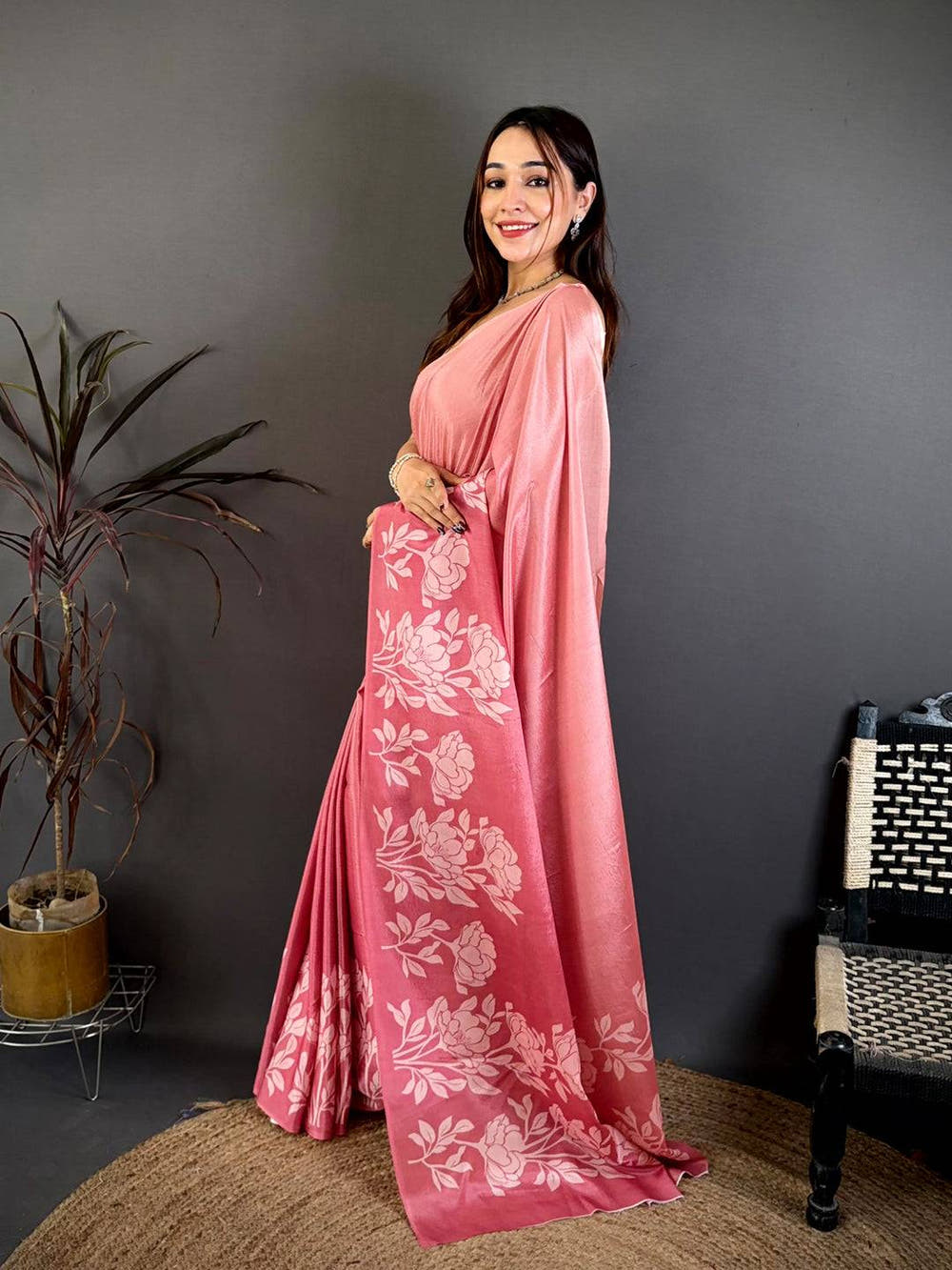 Soft Chinnon Ombre Floral Print Saree