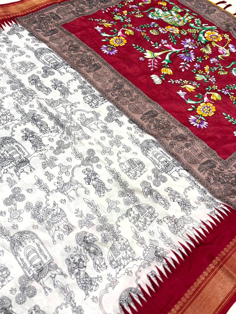 Elegant Pen Kalamkari Dola Silk Saree