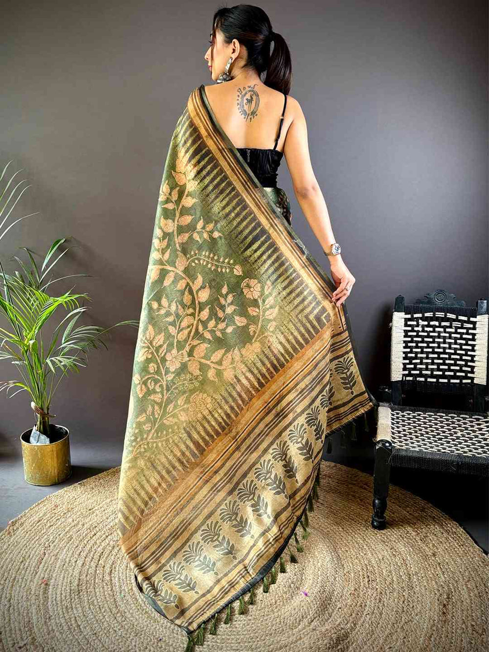 Olive Green Floral Stripes Tissue Saree