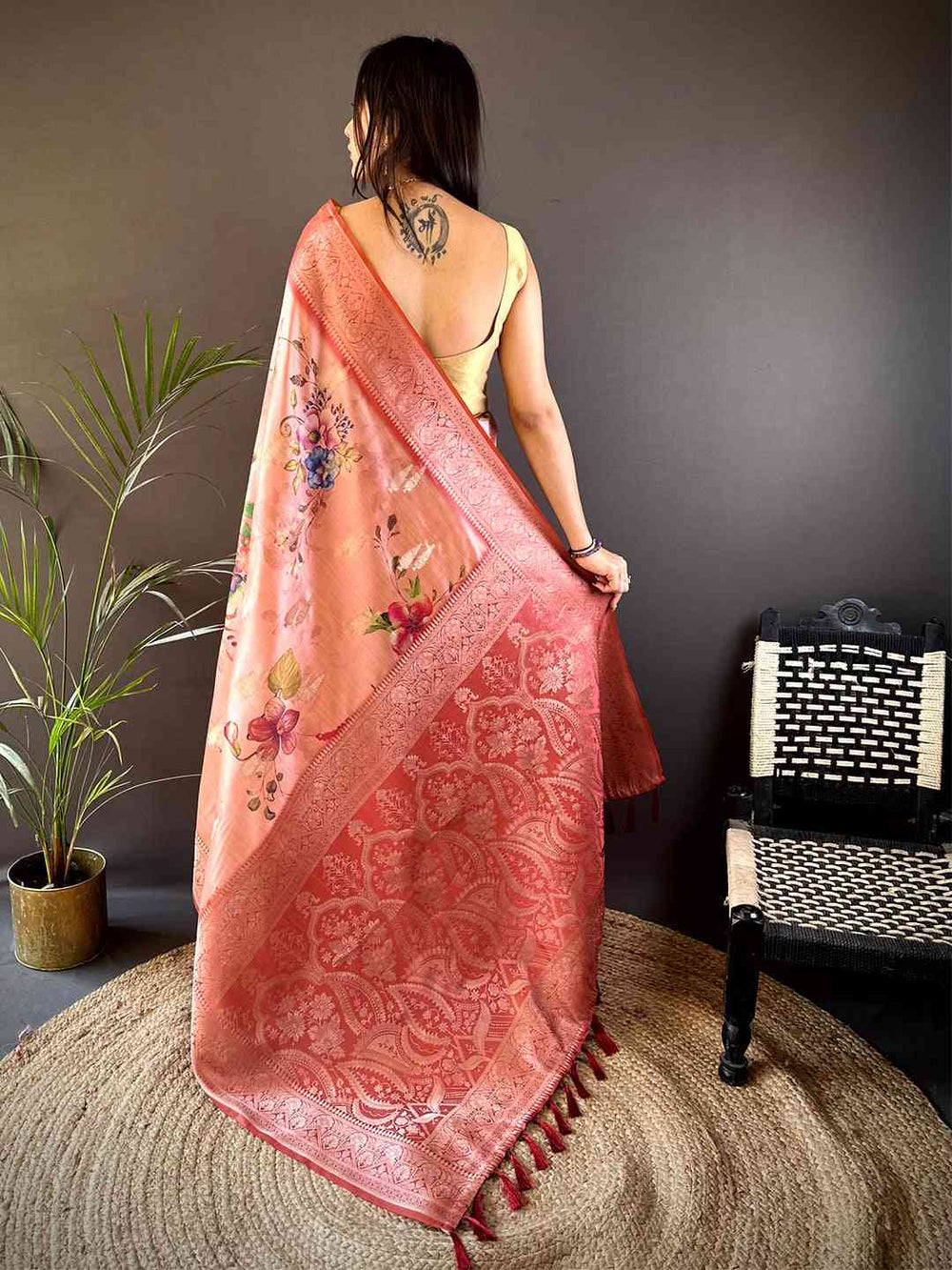 Coral Bamboo Silk Floral Saree