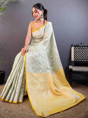 Pastel Sage Green Kota Kora Meenakari Saree