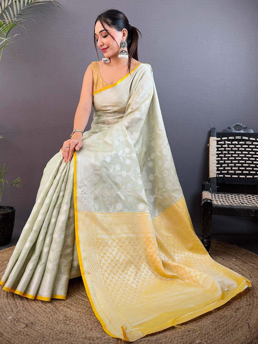 Pastel Sage Green Kota Kora Meenakari Saree