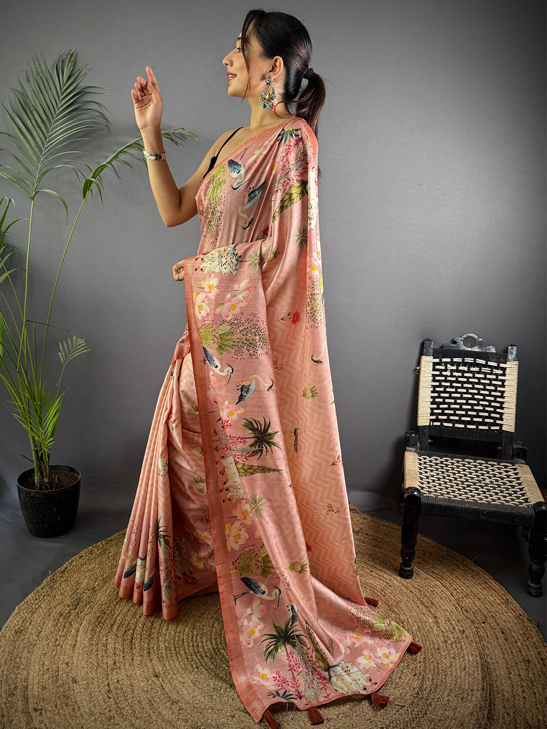 Rose Pink Pichwai Print Tussar Silk Saree