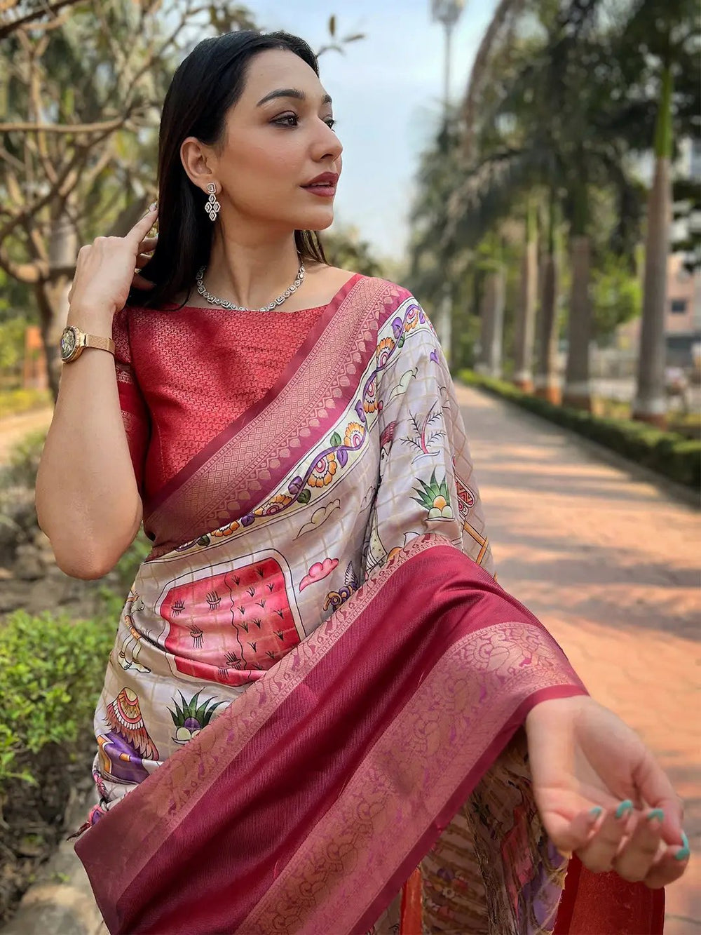 Model showcasing Banarasi Silk Saree with detailed border design