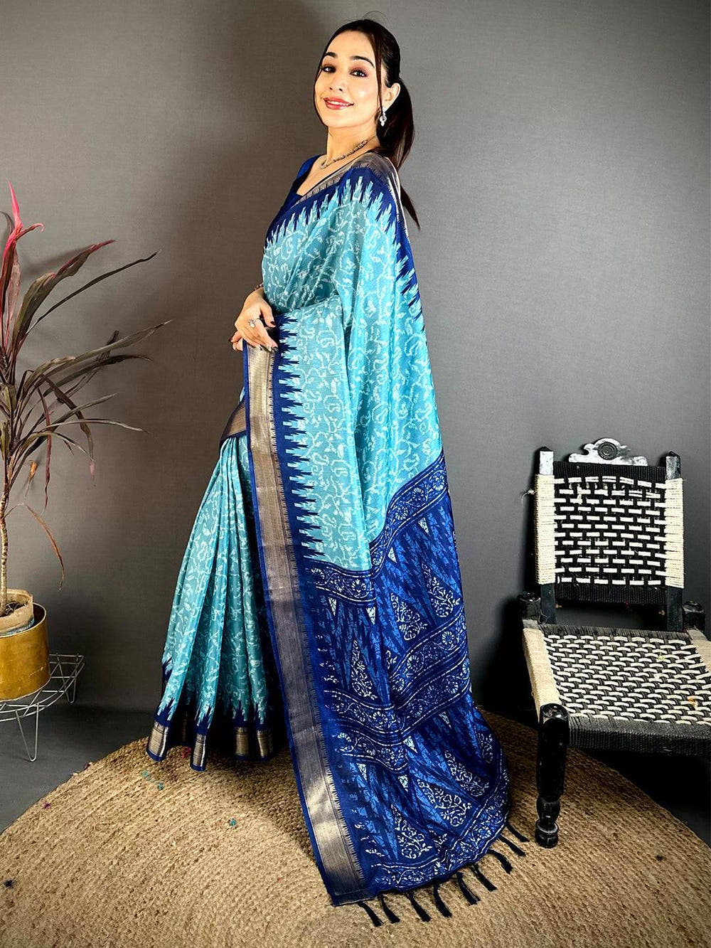 Sky Blue Pearl Ikkat Dola Silk Saree