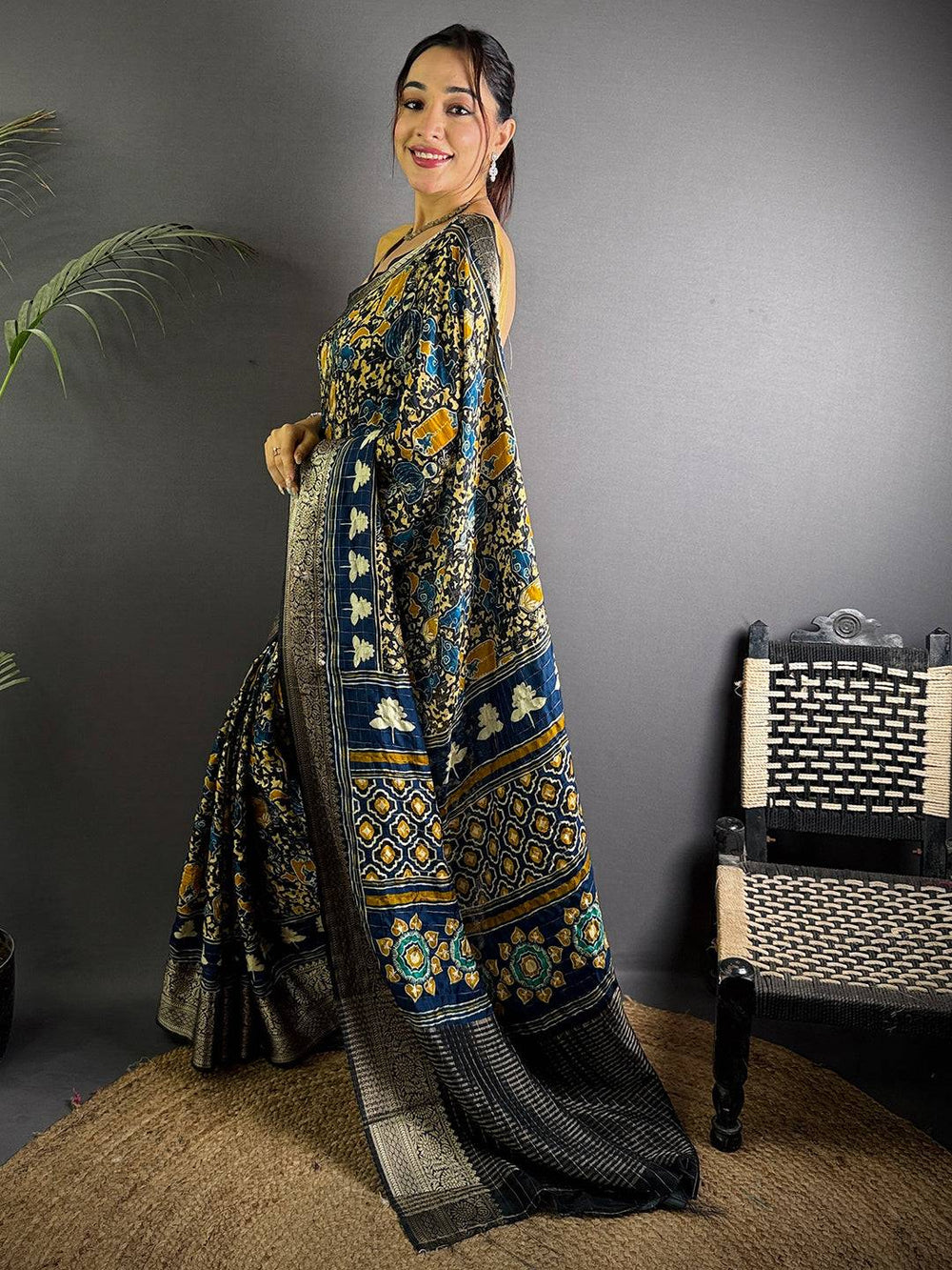 Ink Blue Ajrak Print Viscose Saree
