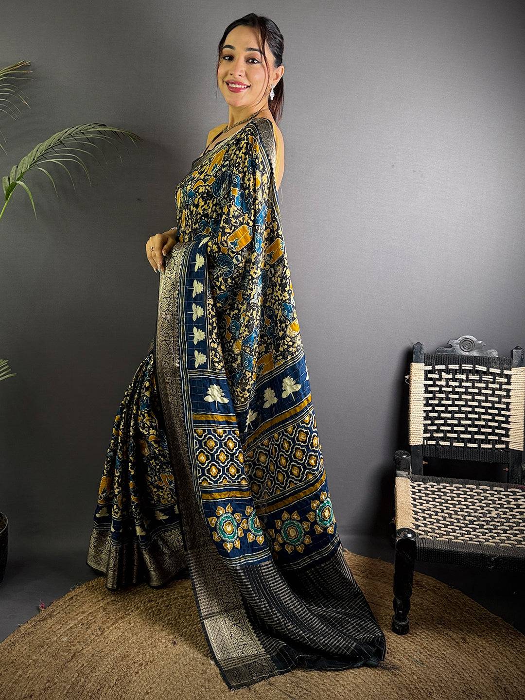 Ink Blue Ajrak Print Viscose Saree