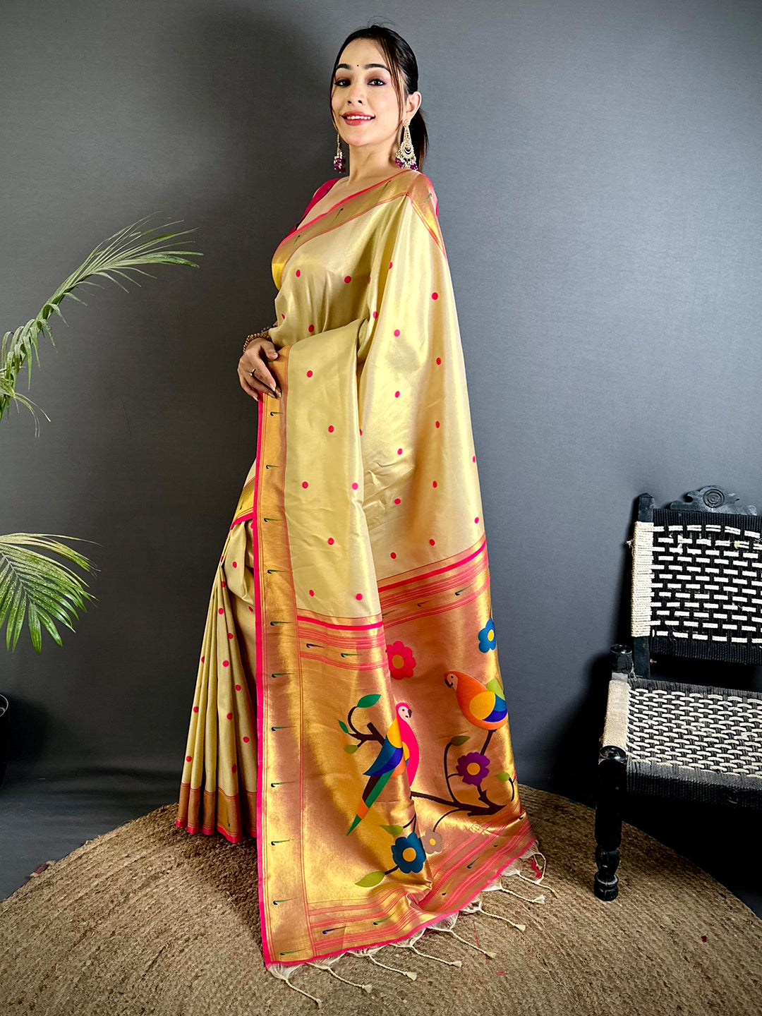 Gream Glass Tissue Yevla Paithani Saree