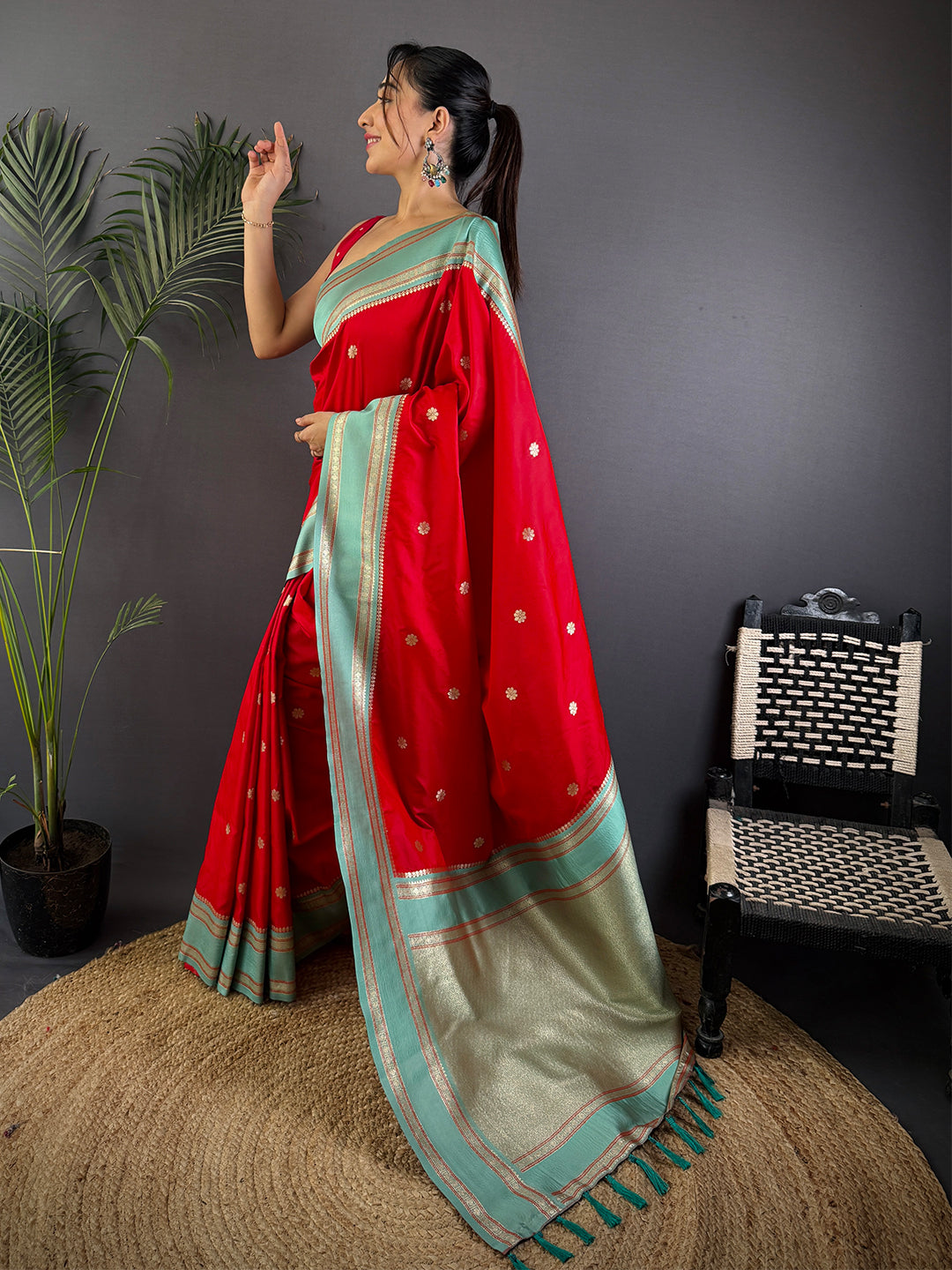 Royal Red Soft Silk Floral Butta Saree