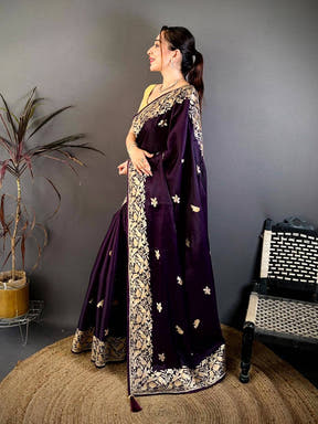 Purple Aari Bird Work Soft Satin Saree