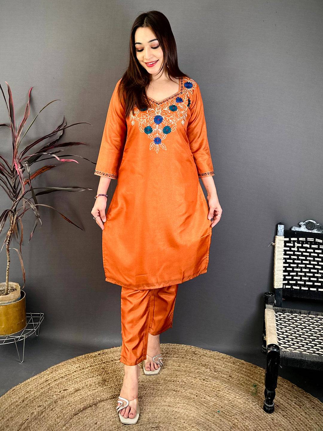 Rust Orange Ari Work Cotton Zari Kurti
