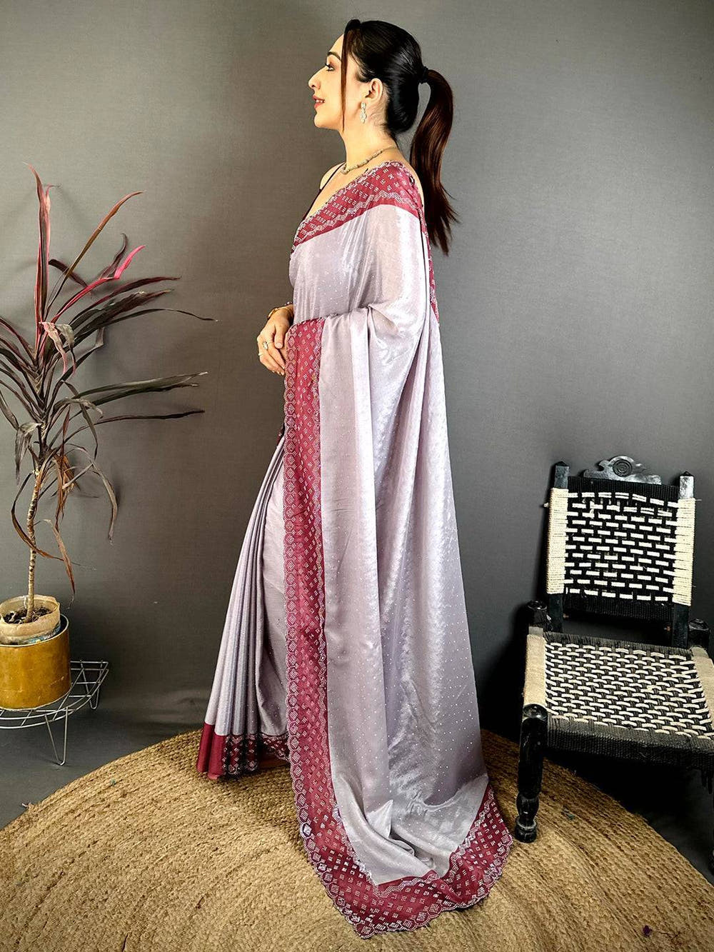 Grey Poly Chiffon Diamond Stone Work Saree
