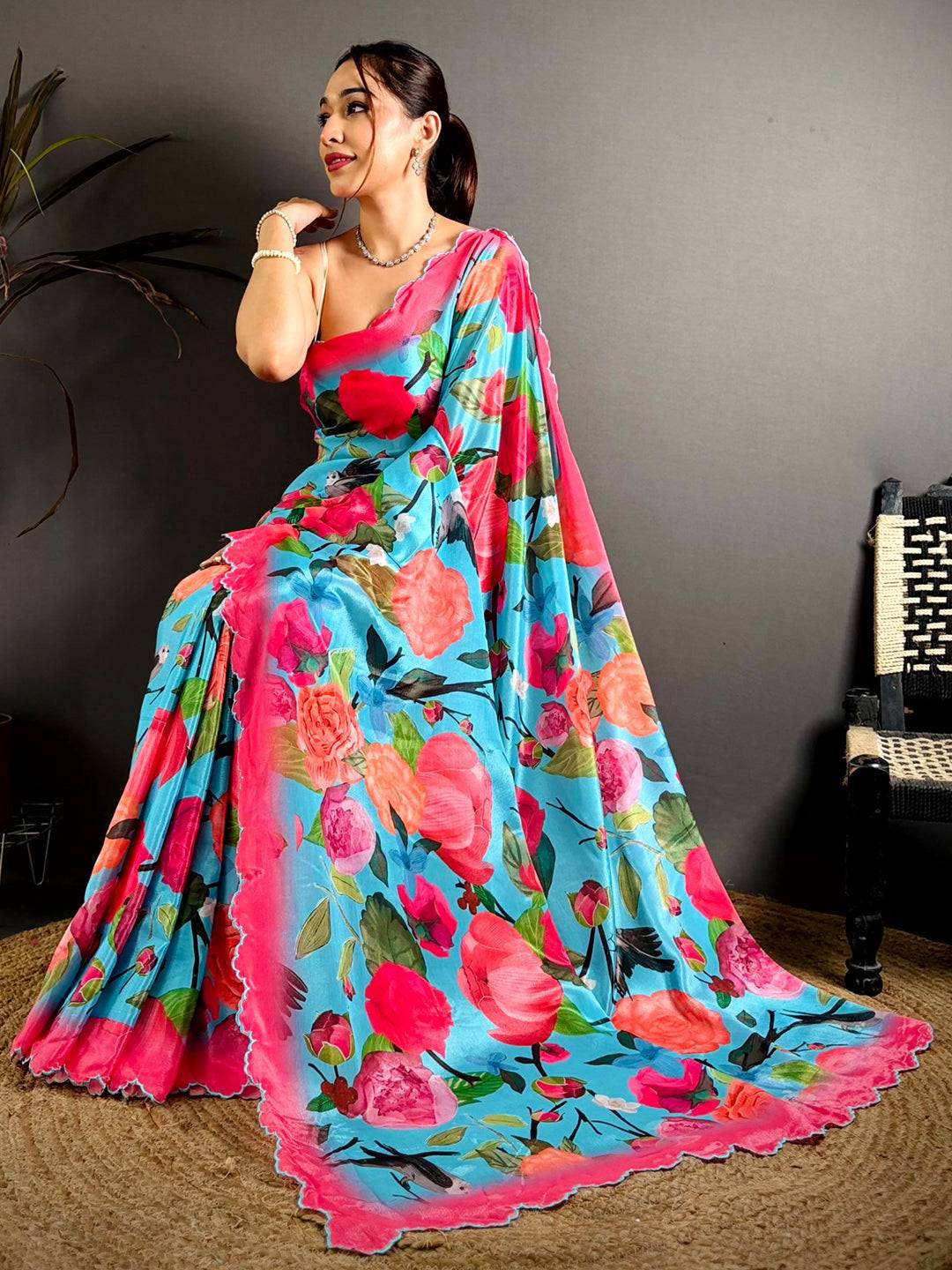 Sky Blue Chinnon Embroidered Border Saree