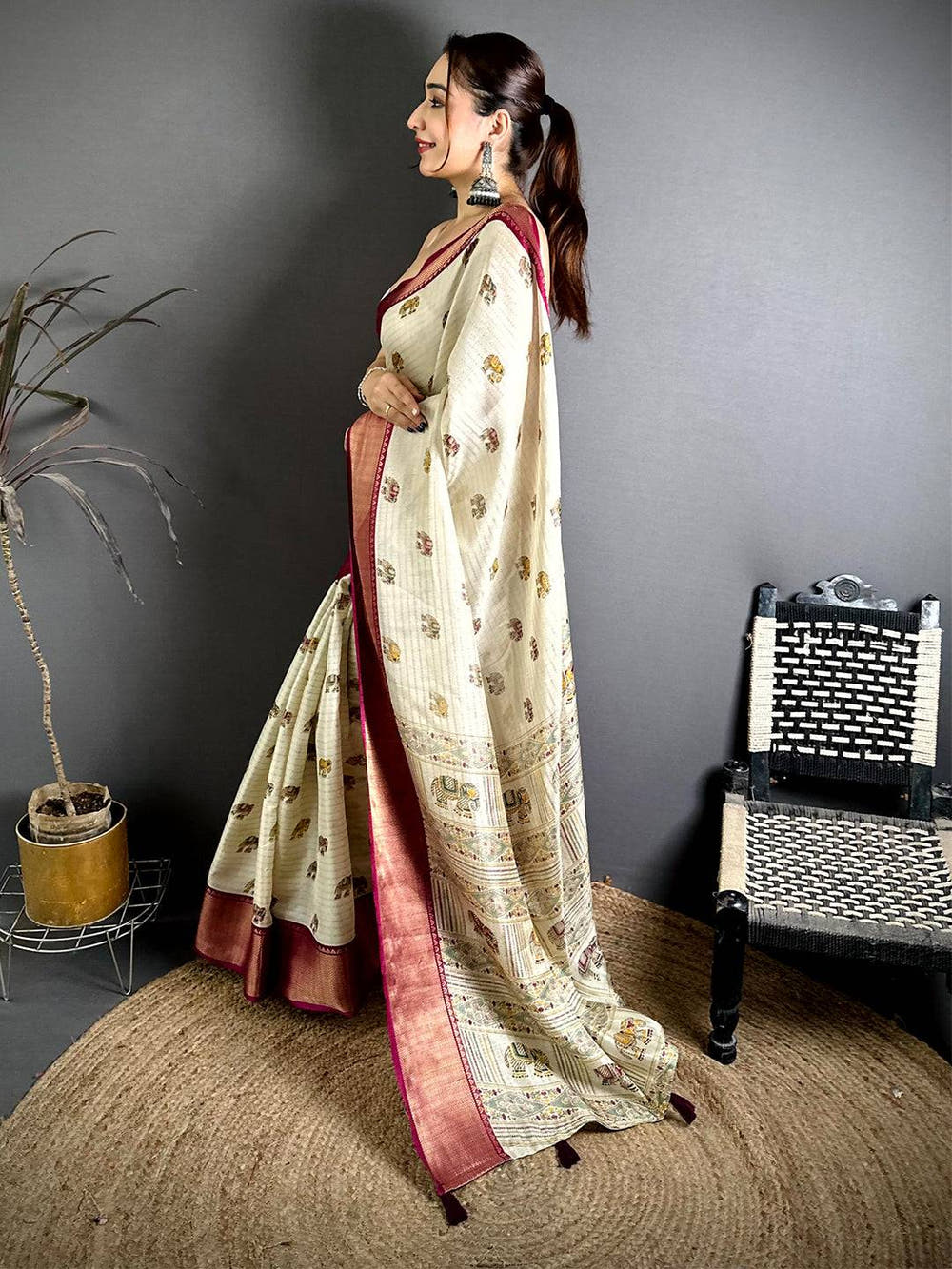 Classic Ajrakh Block Kalamkari Dola Saree