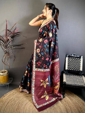 Wine Tussar Pen Kalamkari Print Saree