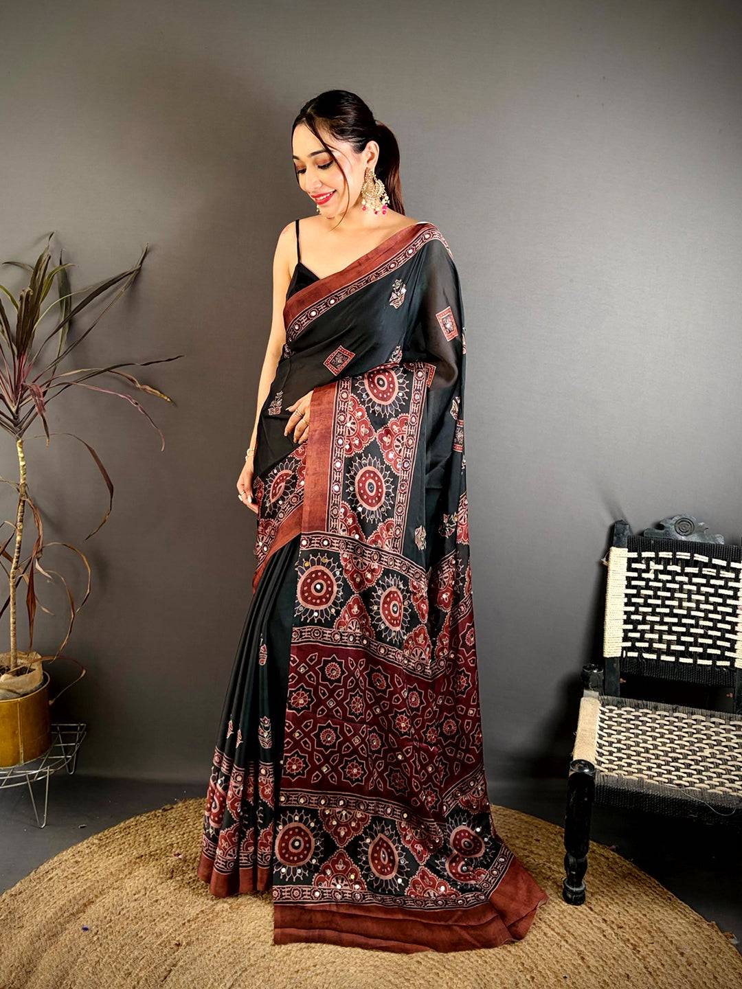 Vibrant Ajrakh Print Mirror Work Saree