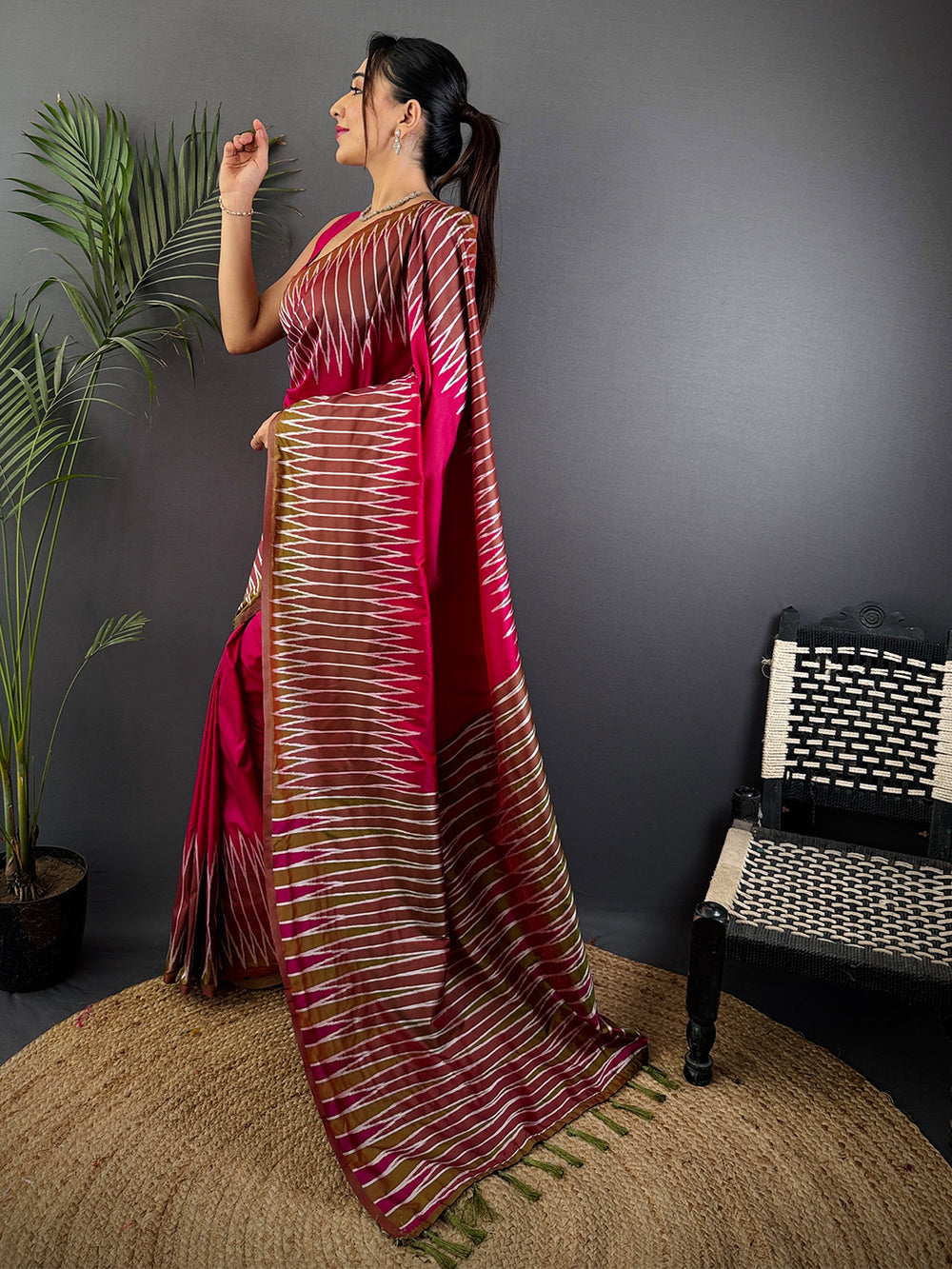 Peach Soft Silk Ikkat Zari Weaving Saree