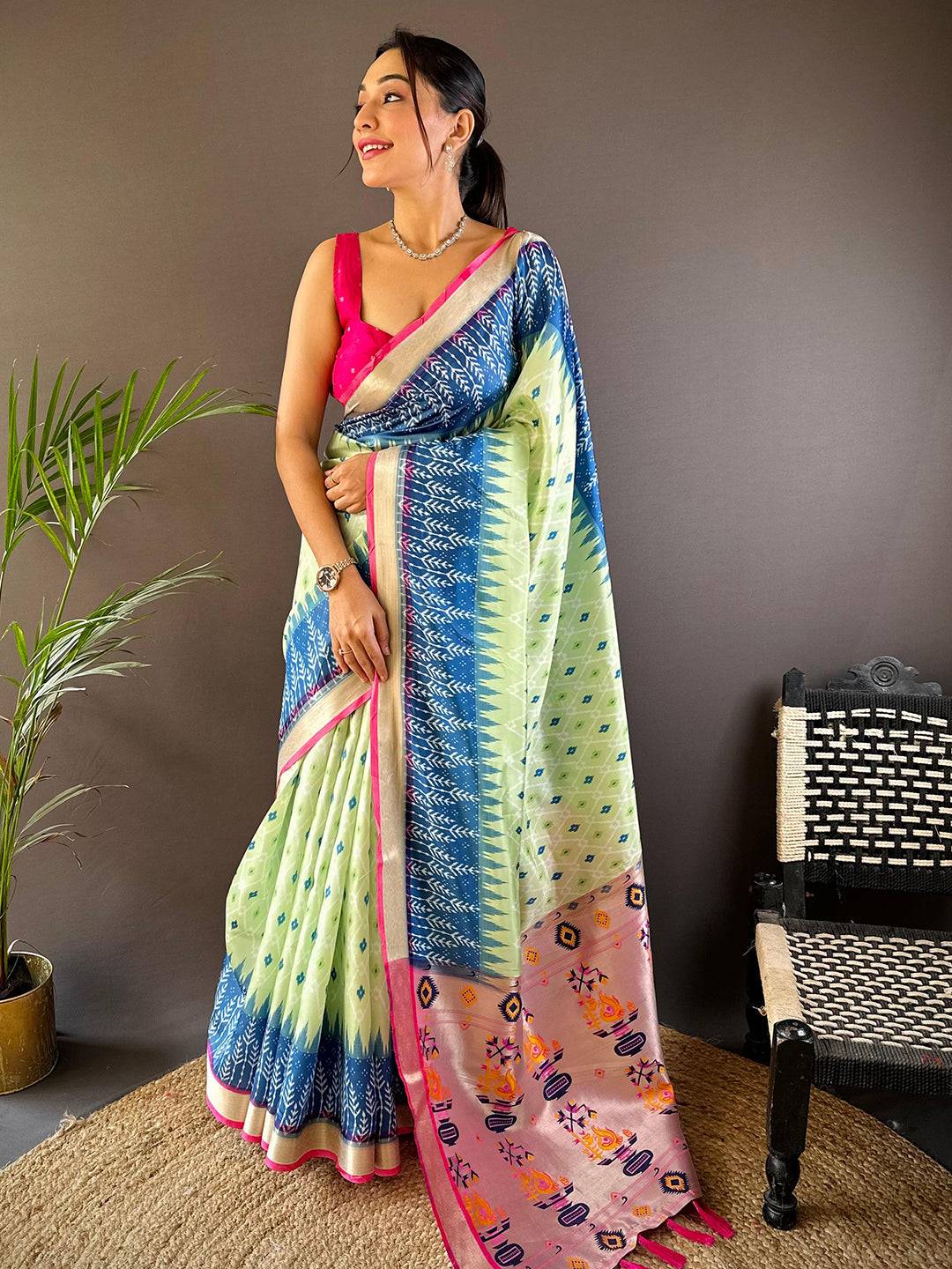 Pista Ikkat Paithani Soft Silk Saree
