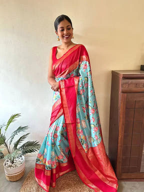 Floral Gadwal Silk Saree with Bold Red Pallu