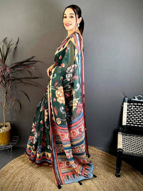 Green Free Hand Floral Linen Saree