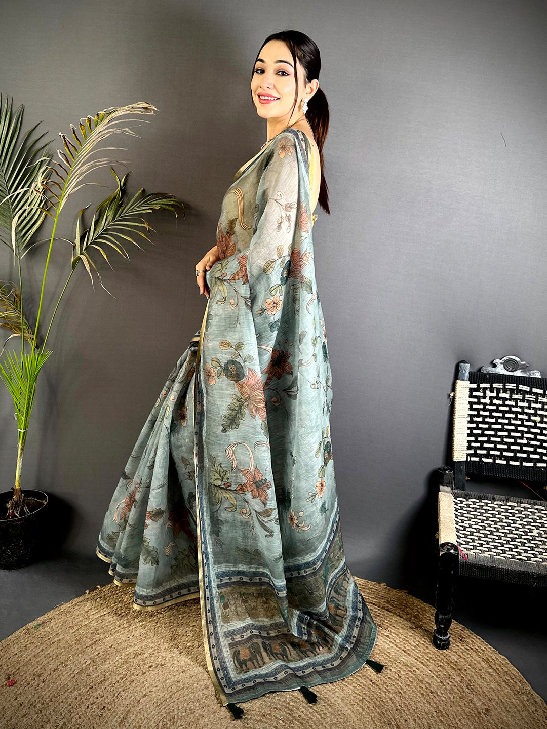 Regal Dark Floral Linen Saree


