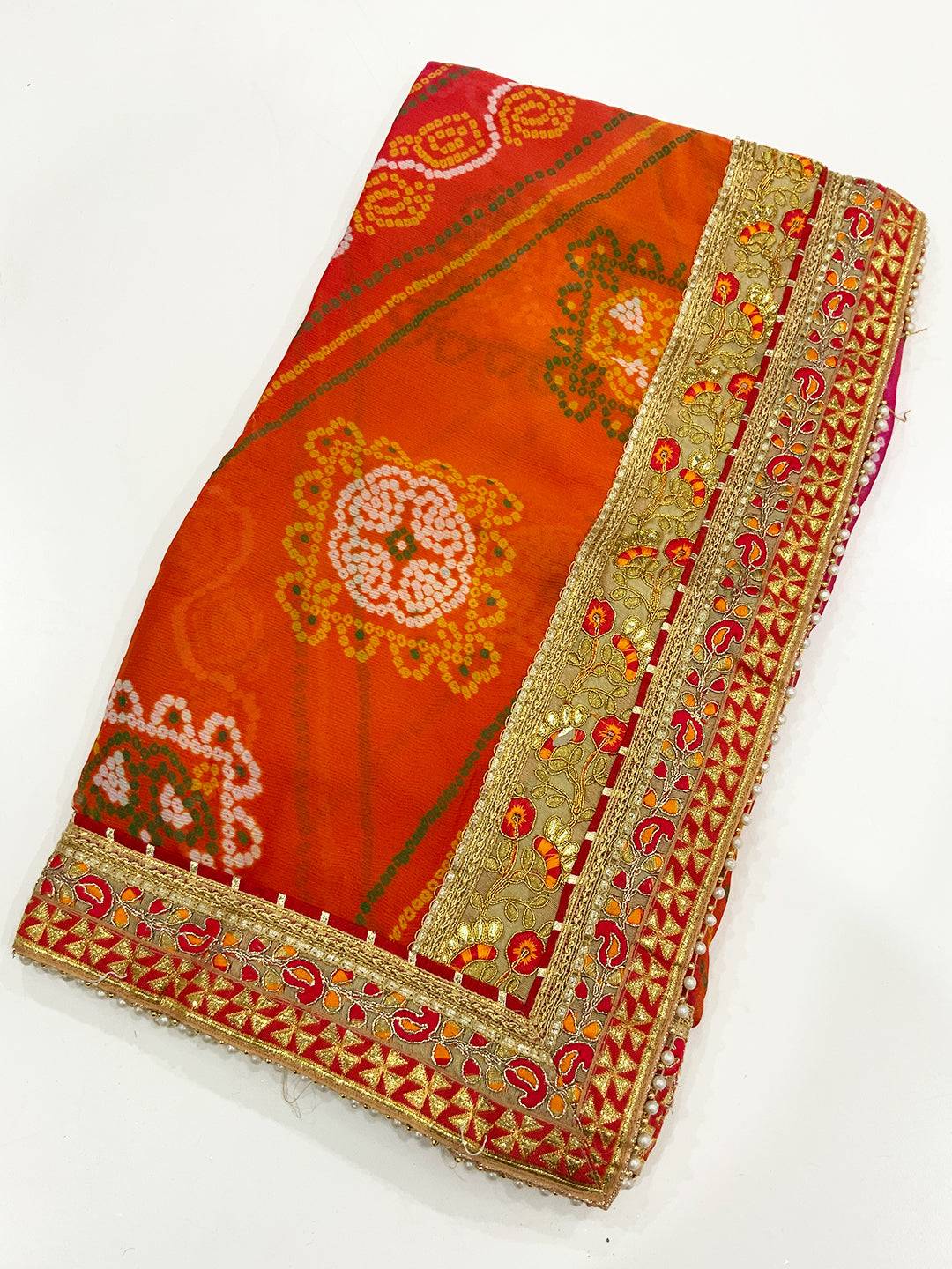 Elegance Bandhej Print Chinnon Foil Saree