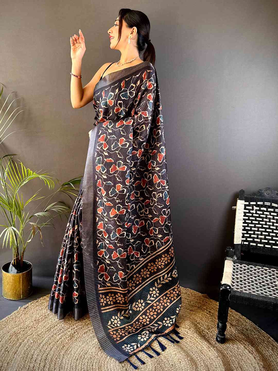 Black Chex Kalamkari Print Saree