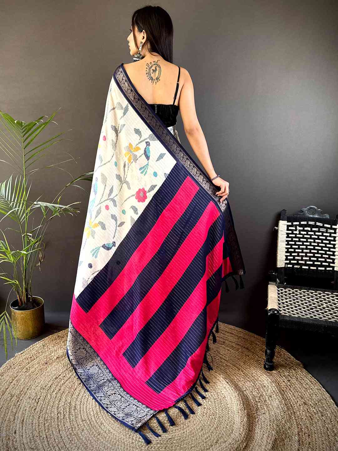 Navy Dola Silk Bird Print Saree